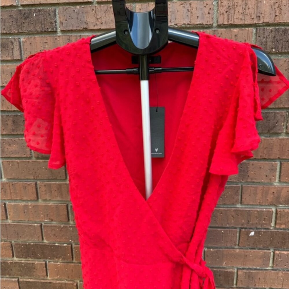 Lulus Much to Celebrate Red Swiss Dot Flutter Sleeve Wrap Mini Dress Size Small - Picture 2 of 11